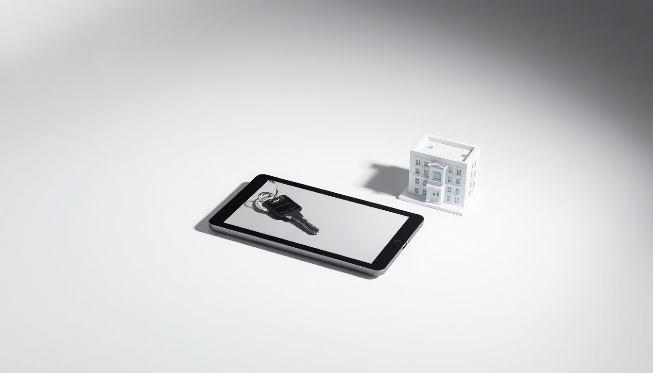 A clean, minimalist studio photograph featuring a modern apartment key, a digital tablet, and a stylized architectural model, symbolizing the seamless integration of technology and the personal aspects of renting a home.