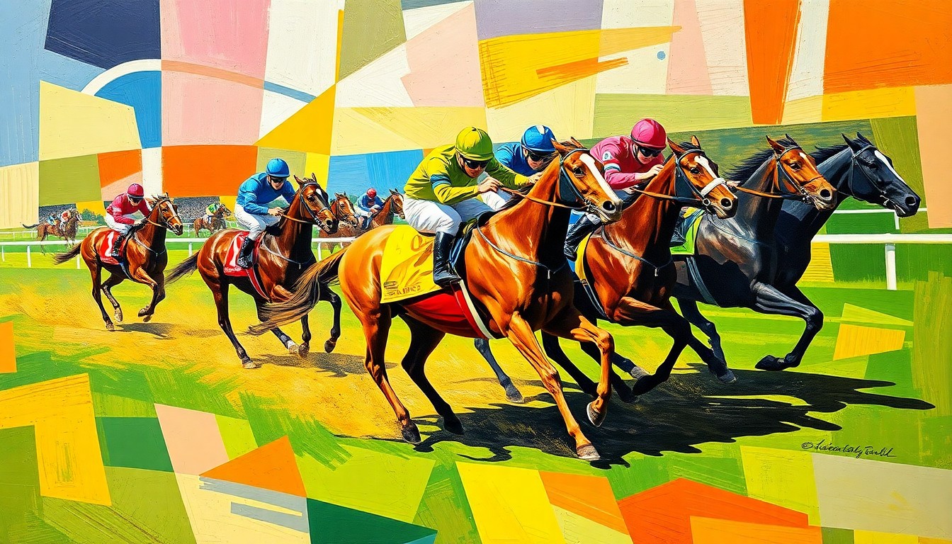 A cubist-style painting featuring fragmented, overlapping geometric shapes in bright racing colors, conceptually representing the dynamic world of horse racing and the career of jockey Steve Horsfall.