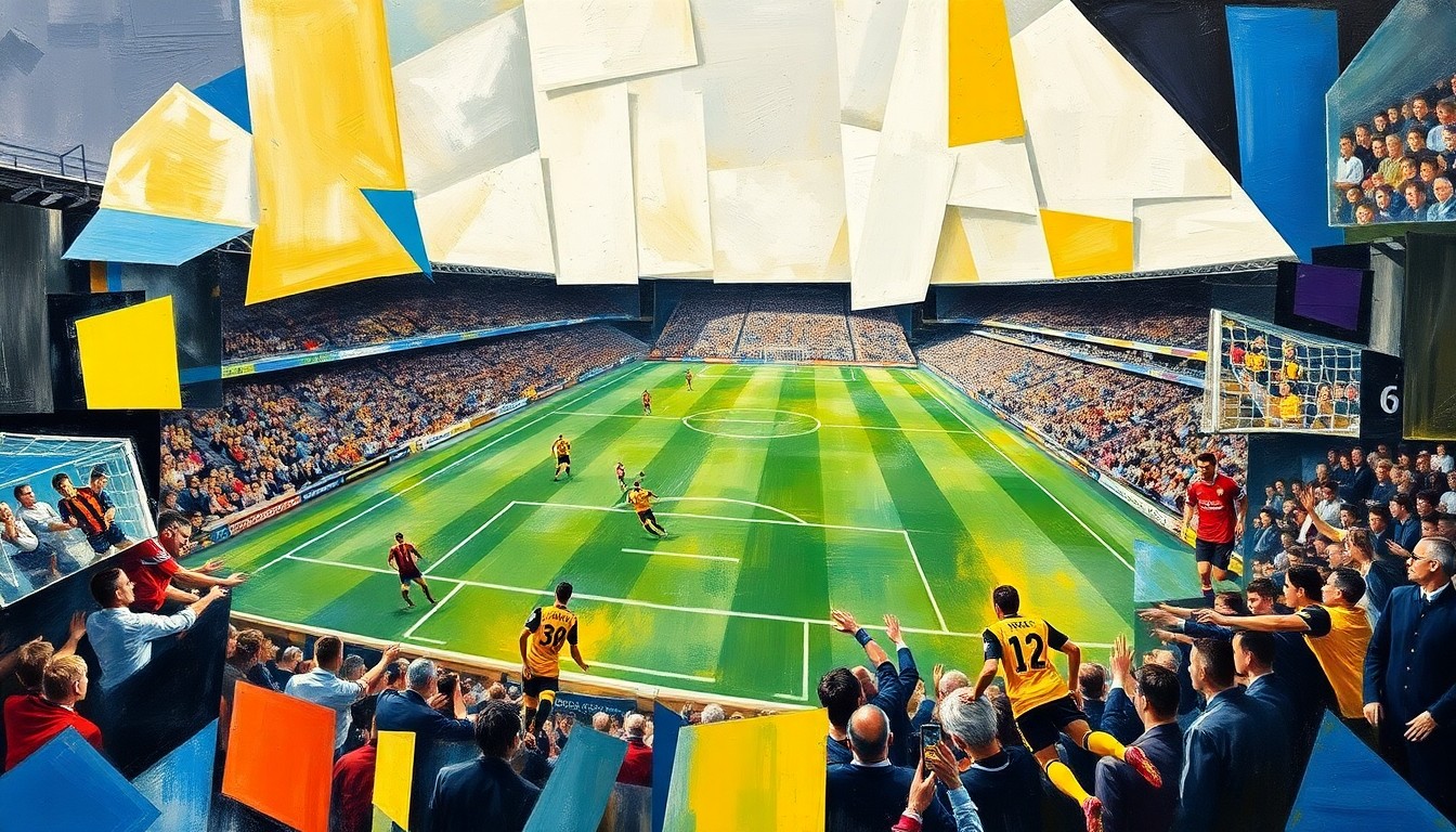 A cubist-style painting depicting a Watford vs Oxford United football match, with the players and field broken down into sharp, overlapping geometric shapes and planes, conveying the chaos and intensity of the game.