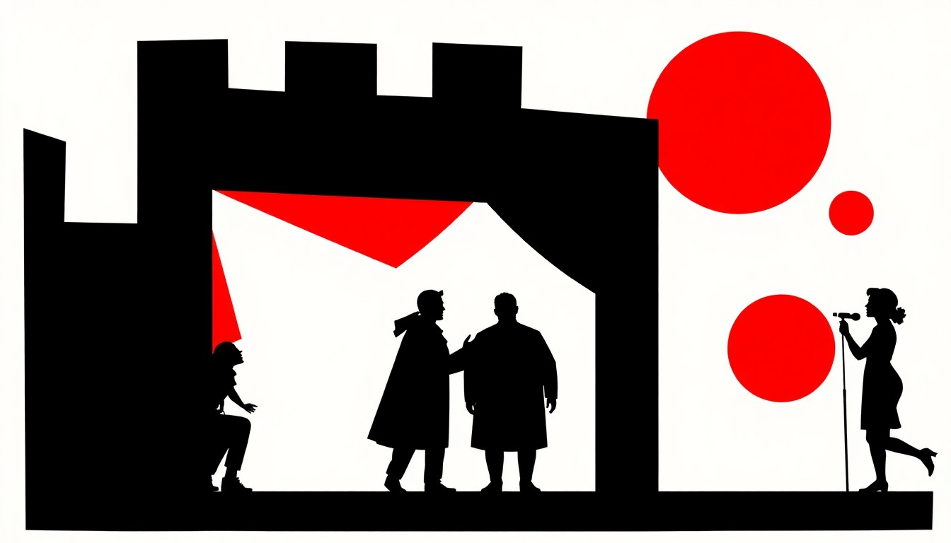 A striking abstract illustration featuring bold, jagged shapes in red, white, and black, conceptually representing the energy and creativity of a community theater performance.