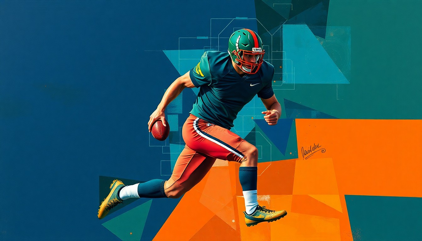A fragmented, cubist-style painting depicting a football player in motion, with sharp geometric shapes in navy, green, and orange, conveying the dynamic and disruptive nature of the trade between the Bills and Bears.