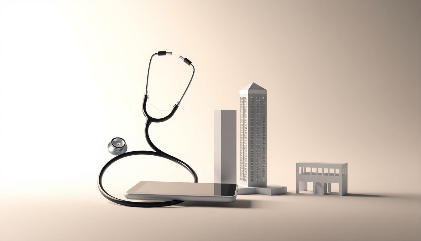 A minimalist studio still life featuring a stethoscope, tablet, and architectural model, symbolizing the innovation and growth of Clarksville's healthcare and commercial development.