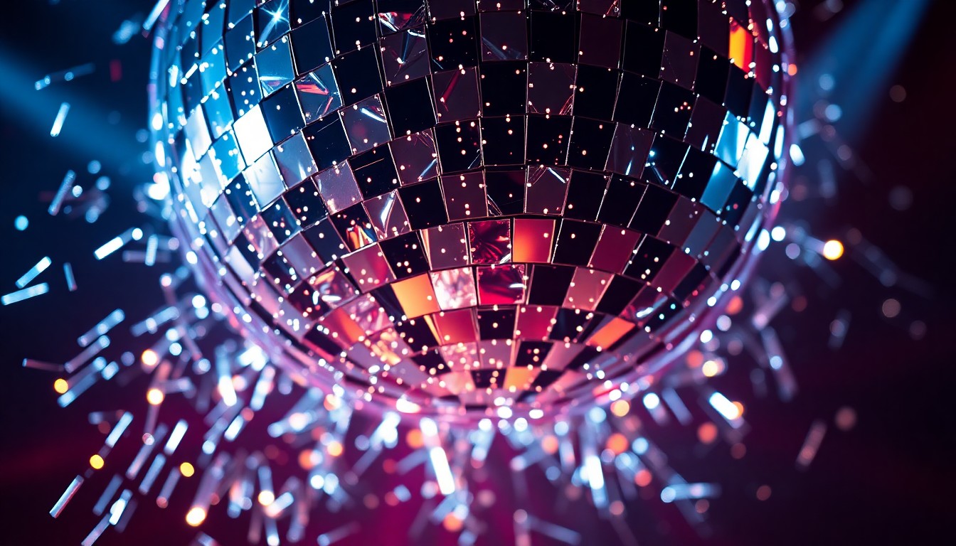 An extreme close-up of shattered disco ball fragments reflecting bright, glittering light, conceptually representing the energy and glamour of the club scene that inspired Arlo Parks' latest album.