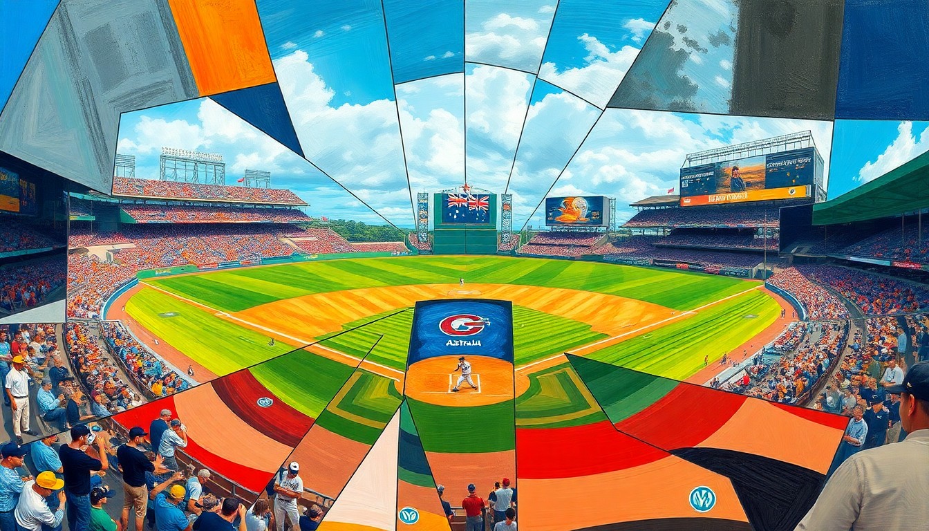A cubist, geometric painting depicting a baseball game between Korea and Australia, with the players and field broken down into sharp, overlapping shapes and planes of color, capturing the dynamic energy and strategic complexity of the match.