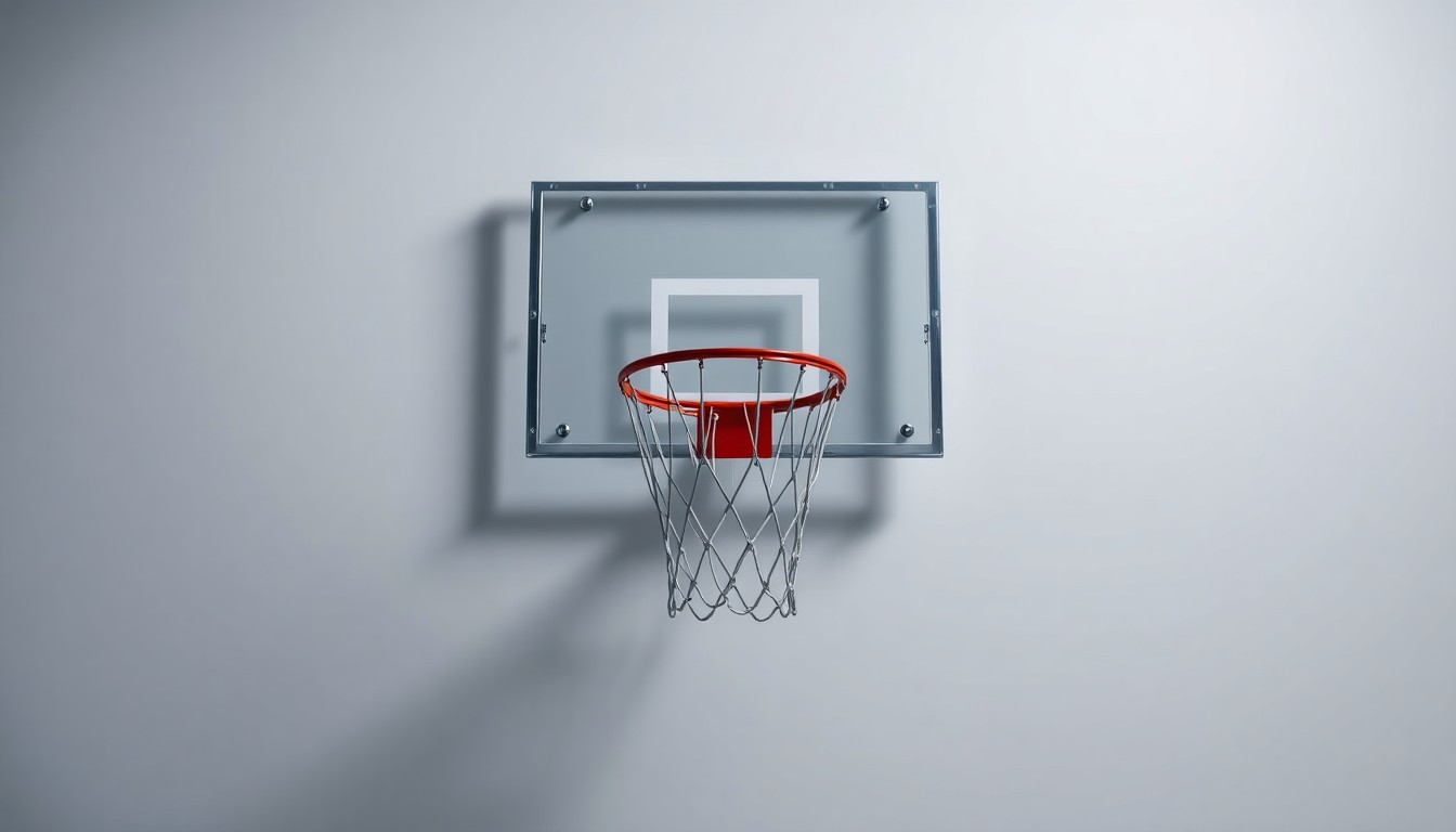 A photorealistic studio still life featuring a sleek, chrome and glass basketball hoop floating on a clean, monochromatic background, conveying a sense of refined elegance and corporate strategy.
