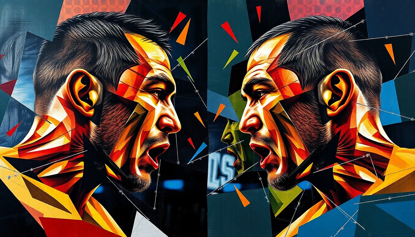 A cubist, geometric painting depicting the intense energy and physicality of a UFC fight between Colby Covington and Bo Nickal, with their bodies and faces deconstructed into abstract shapes and planes.