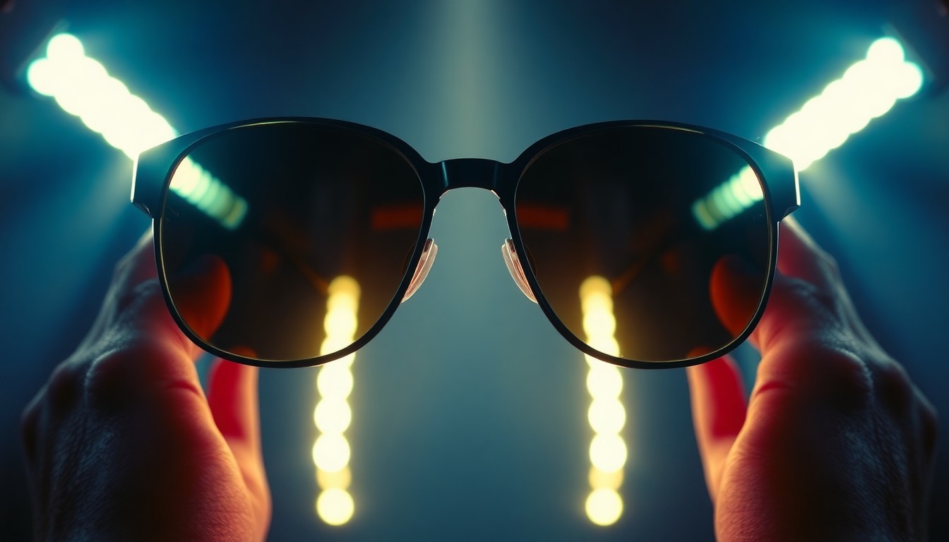 An extreme close-up of a pair of sunglasses with a reflective, glossy surface, capturing the luxurious textures and high-contrast lighting to conceptually represent the glamour and resilience of the Hollywood star.