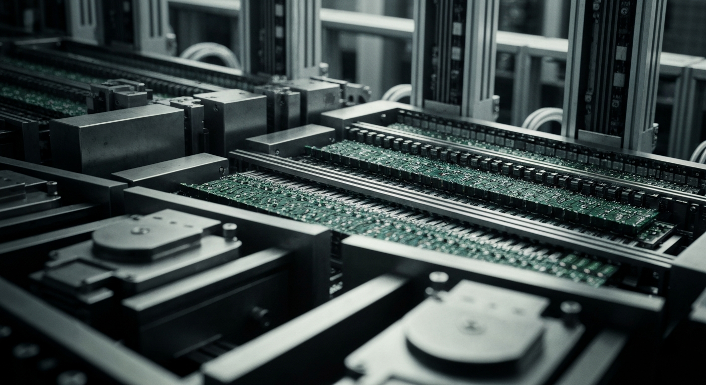 An extreme close-up of the complex machinery and components that make up the inner workings of a high-tech electronics manufacturing facility, conveying the industrial might and technological sophistication behind Qnity Electronics' products.