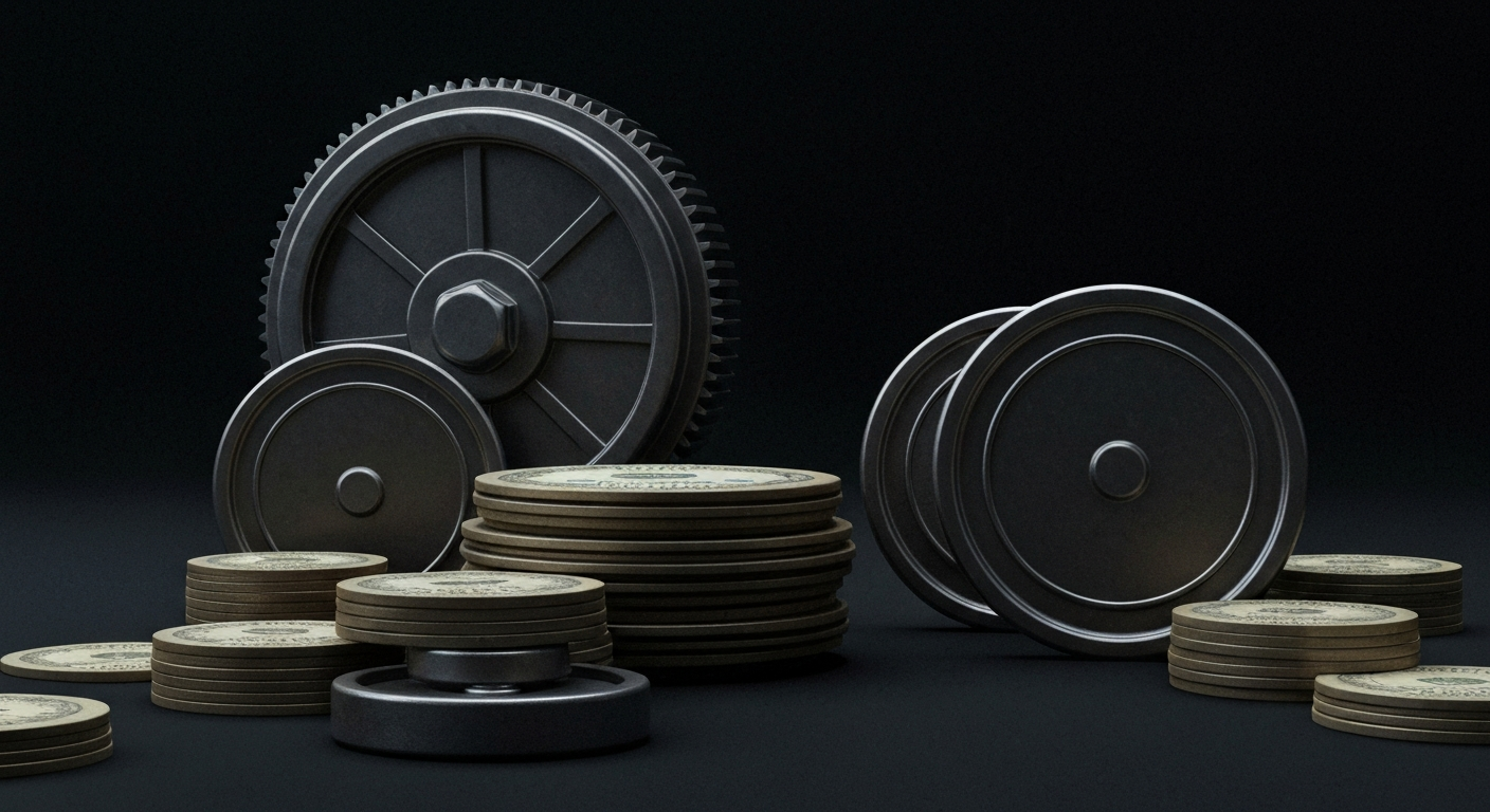 An extreme close-up of intricate gears, levers, and machinery, conveying the complex mechanics of the banking and investment industry.