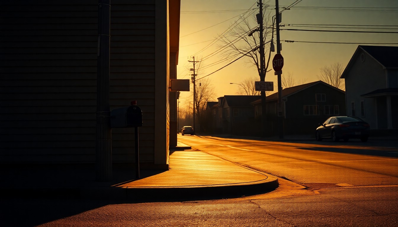 An extreme close-up of a solitary mailbox on a quiet street corner, its metal surface reflecting the warm, golden light of the afternoon sun and casting deep, dramatic shadows across the pavement, creating a contemplative, nostalgic mood that evokes the challenges of documenting sensitive civil rights issues.