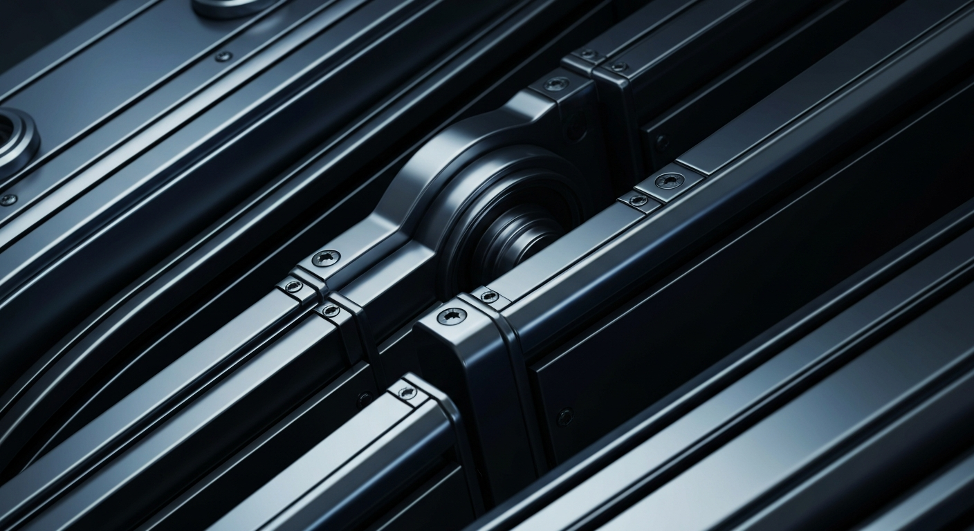 A highly detailed, cinematic close-up image of complex, heavy industrial banking machinery and equipment in shades of gunmetal grey, steel blue, and black, conveying a sense of institutional financial security and stability through its tangible, physical presence.