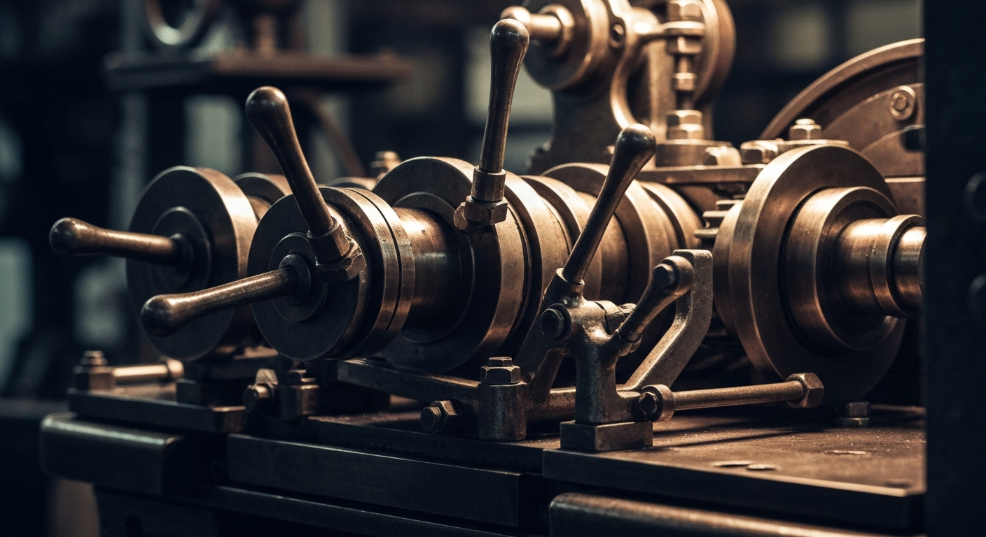 An extreme close-up of the intricate inner workings of a payroll processing machine, with gears, levers, and sensors rendered in high-contrast black and white, representing the complex financial infrastructure behind Automatic Data Processing.