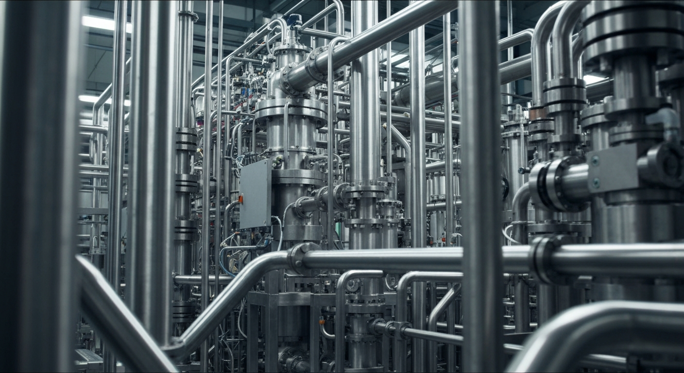 An extreme close-up of the complex machinery and instrumentation inside a high-tech pharmaceutical manufacturing facility, conveying a sense of industrial power and technological sophistication without any text or identifiable elements.