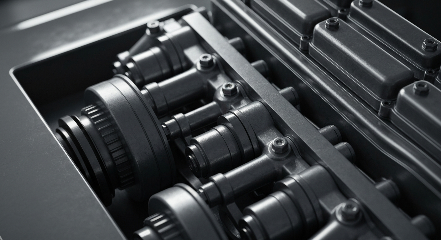 An extreme close-up of complex, interlocking Cummins engine parts and machinery, conveying the company's technological sophistication and industrial might.