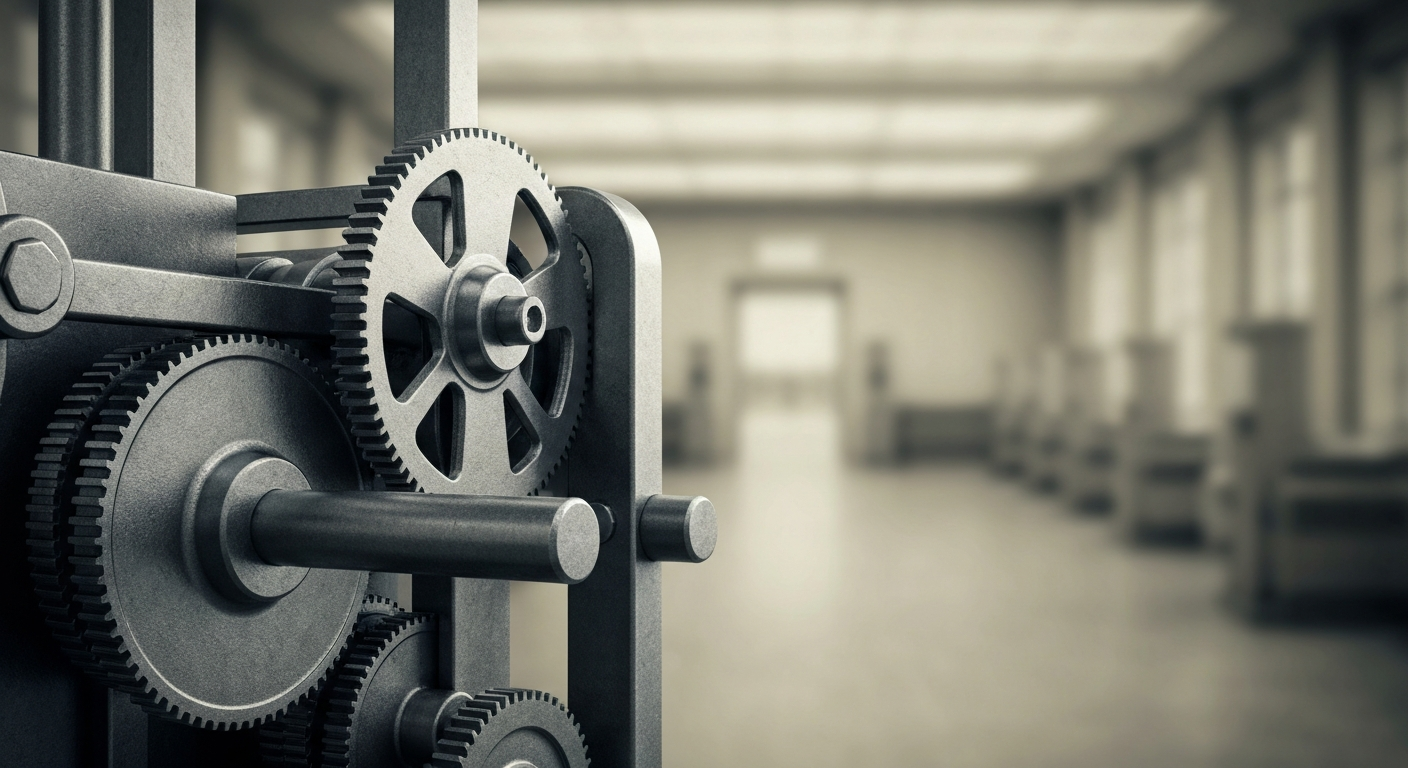 An extreme close-up of intricate, metallic banking machinery and gears, conveying the complex, industrial nature of modern financial institutions.