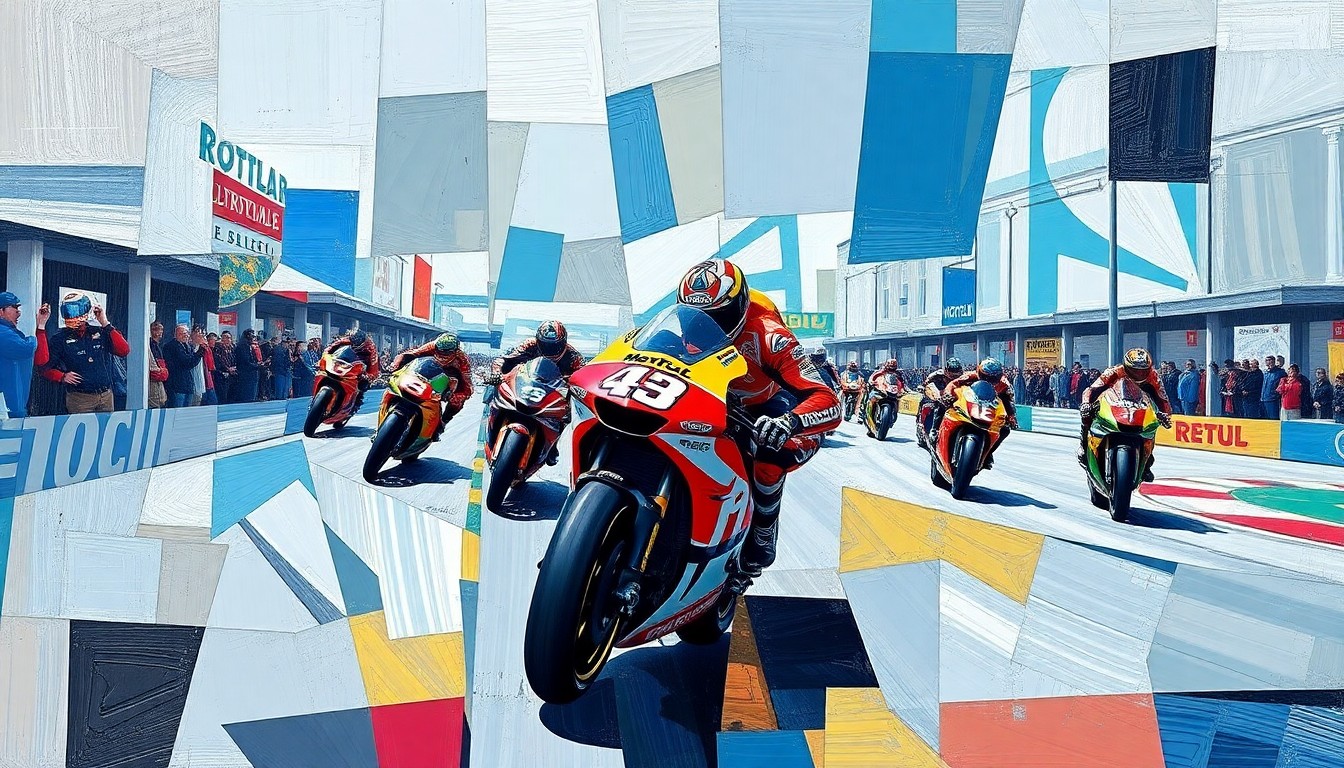 A cubist, geometric painting depicting the chaotic motion and energy of a MotoGP race, with overlapping shapes and planes of color representing the speed and intensity of the sport.