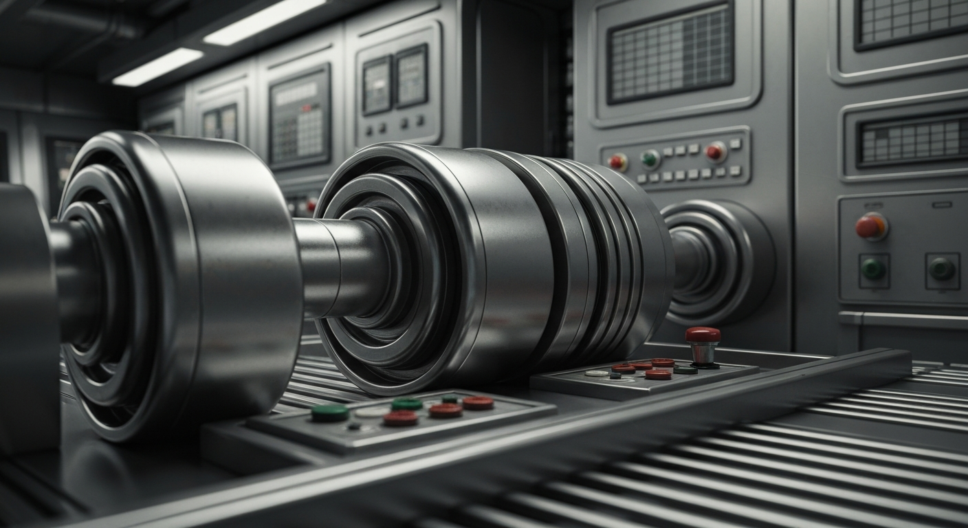 An extreme close-up of intricate, heavy industrial machinery and control panels in muted tones of steel grey, conveying a sense of the secure, powerful infrastructure underlying the global financial system.