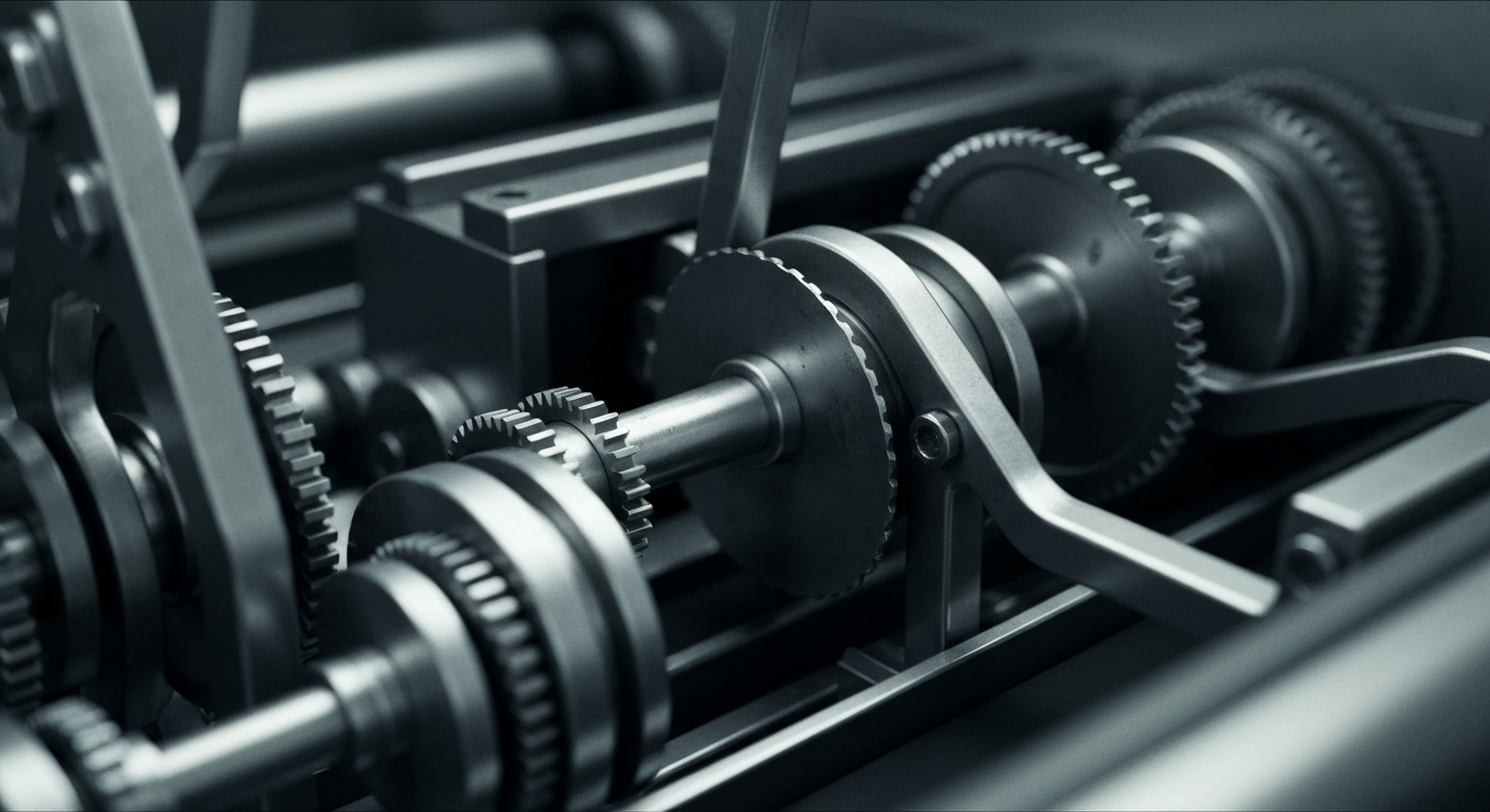 A highly detailed, black-and-white close-up image of the inner workings of a large, industrial banking machine, with gears, levers, and metallic components filling the frame, conveying a sense of power, security, and precision in the financial sector.