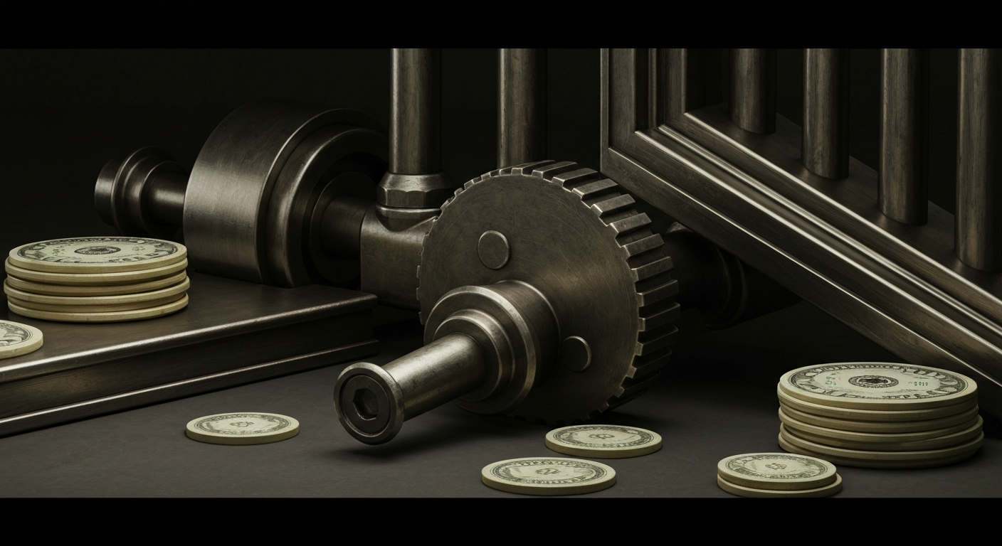 An extreme close-up of gears, levers, and other heavy industrial banking machinery, conveying a sense of financial security and institutional power without using literal currency or charts.