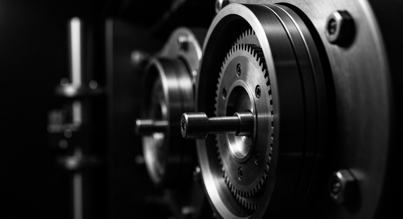 A high-contrast, close-up image of the intricate mechanical components and heavy-duty materials that make up the secure infrastructure of a major financial institution, conveying a sense of stability, scale, and technological sophistication.