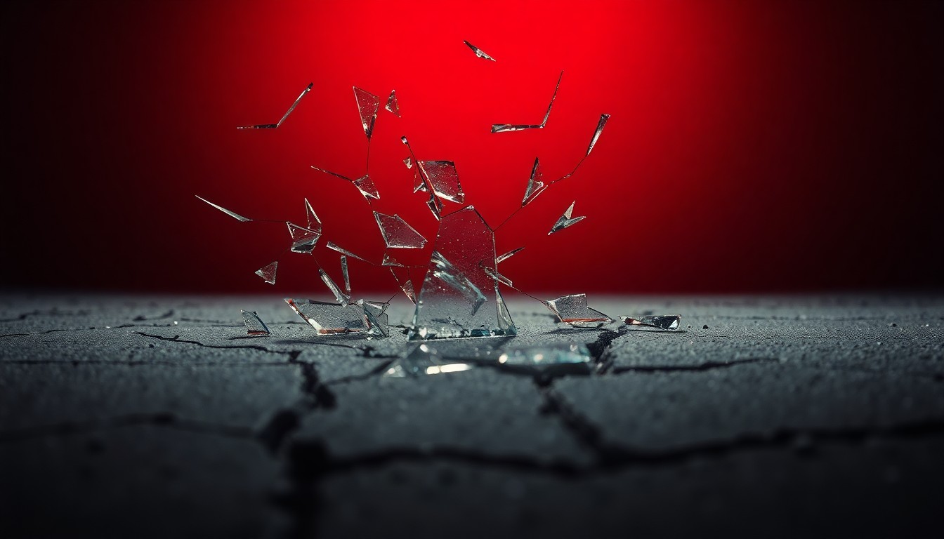 An abstract close-up photograph featuring jagged shards of broken glass and cracked concrete, captured in dramatic, high-contrast studio lighting to create a sense of fragmentation and tension, reflecting the moral complexities at the heart of the Dexter: Resurrection series.