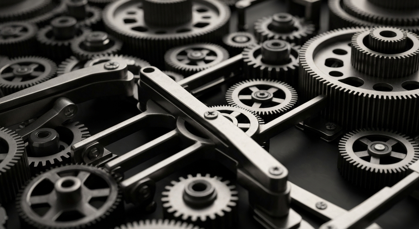 A highly detailed, black-and-white close-up image of the inner workings of an industrial machine, conveying the idea of a multi-faceted conglomerate company through its tangible, physical components.