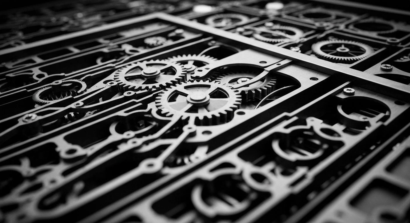 A close-up, high-contrast image of the intricate inner workings of a financial trading terminal, representing the complex machinery that drives modern finance.