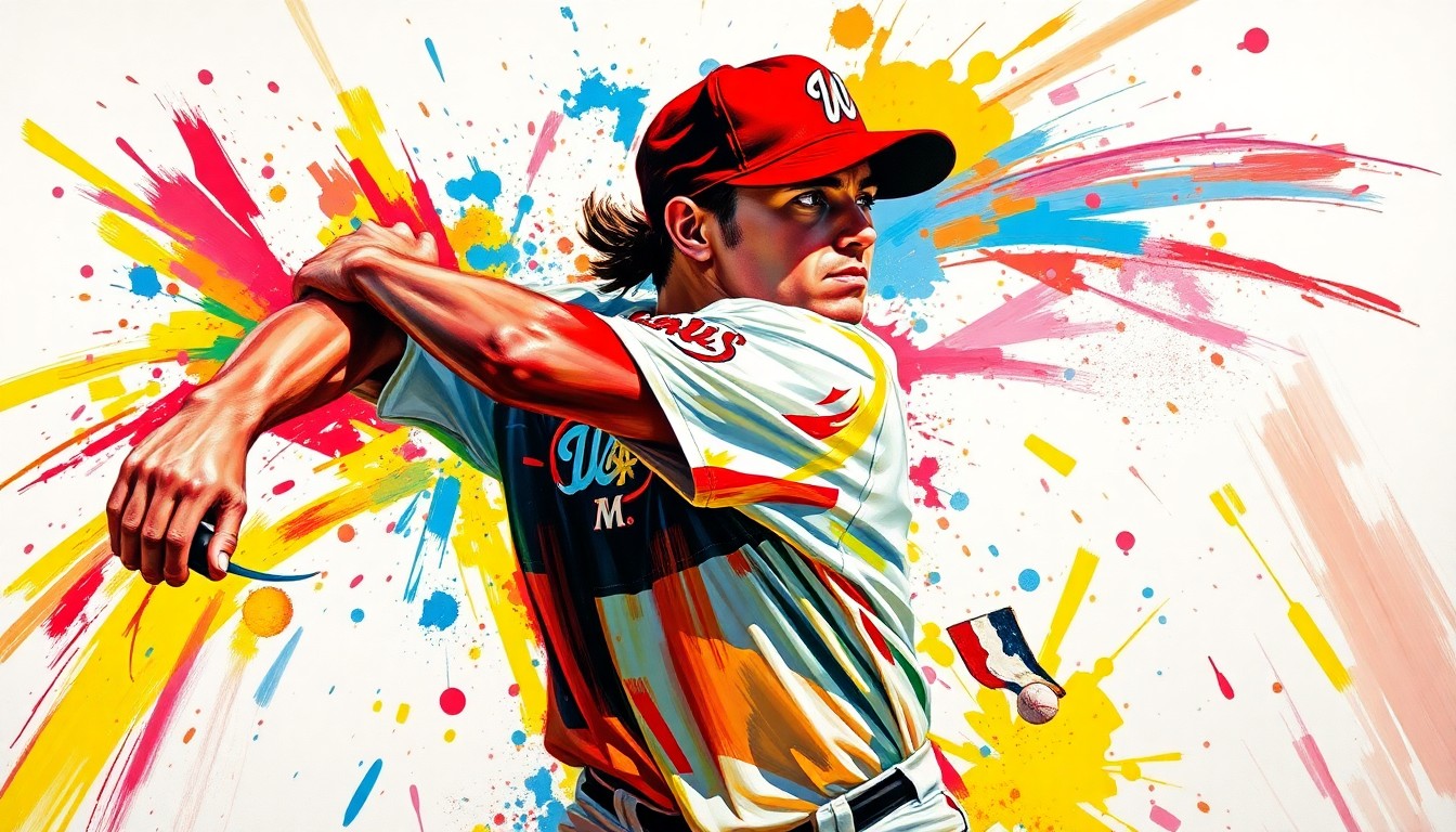 An abstract, expressionist painting featuring bold, neon-colored brushstrokes that capture the dynamic motion and energy of a baseball pitcher in action, with the player's features and details blending into a vibrant, textured composition.