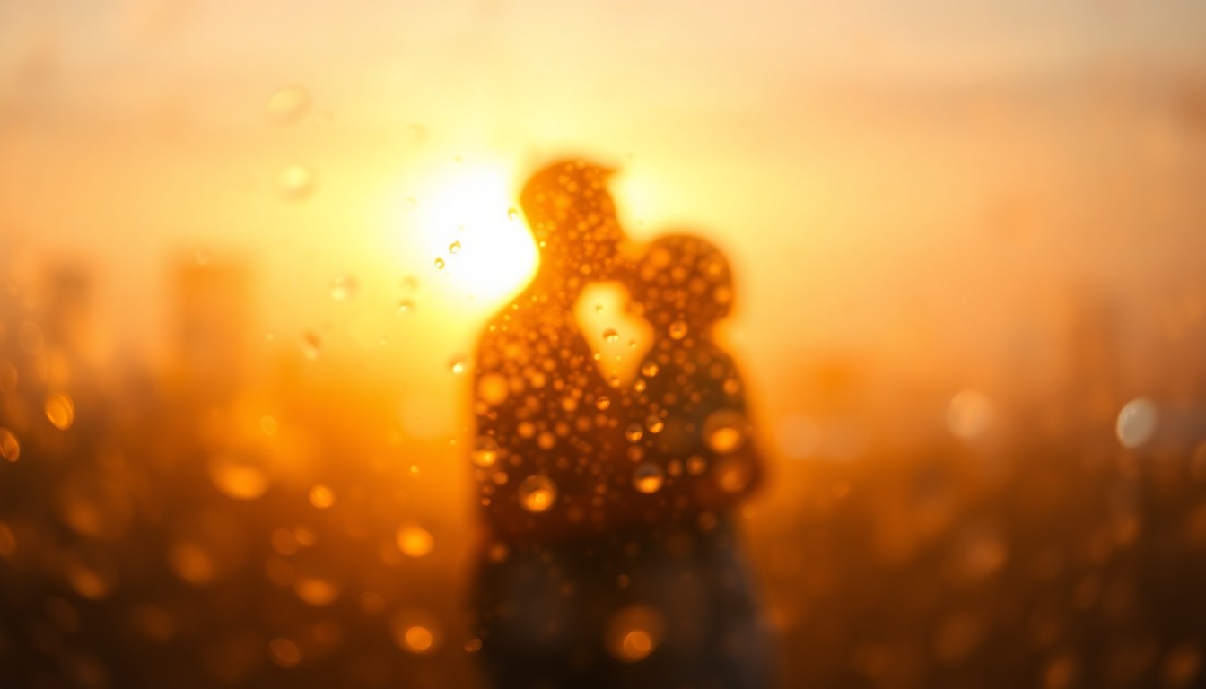 An abstract, out-of-focus scene of a couple embracing, with soft, warm pools of light and color creating a hazy, romantic atmosphere.