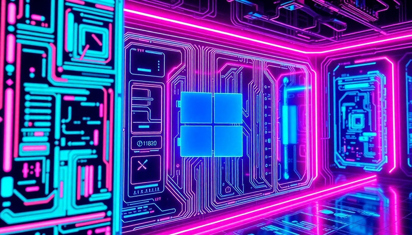 A highly detailed, glowing 3D illustration of a futuristic Windows 11 interface, with neon cyan and magenta lights illuminating the digital infrastructure, conceptually representing the importance of software updates for technological progress and security.