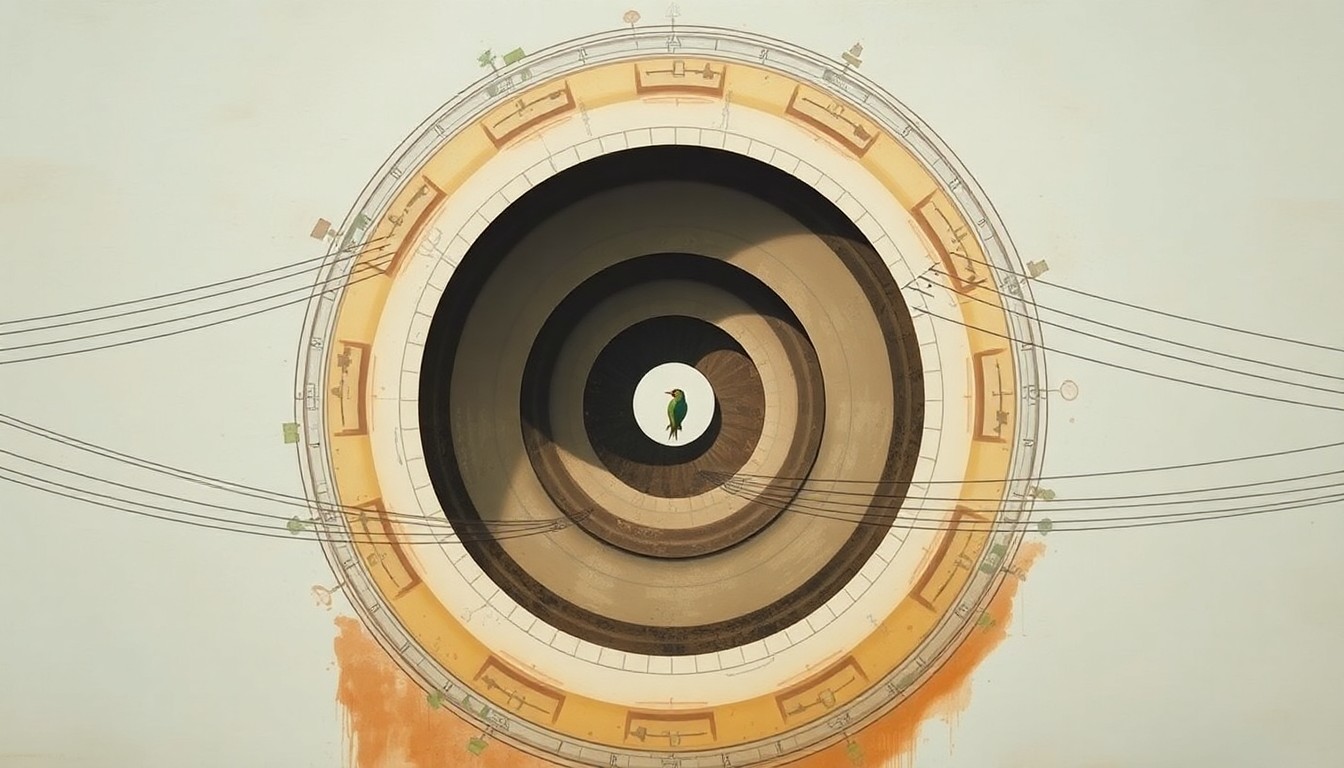 A bold, abstract painting in soft earth tones depicting the sweeping, geometric nesting structures of monk parakeets, conceptually representing the architectural ingenuity of these birds and their impact on urban power systems.