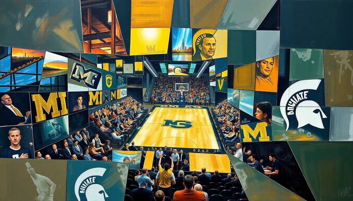 A cubist, geometric painting depicting a college basketball game in progress, with sharp, overlapping planes of color and form representing the intense competition and physical nature of the rivalry between the two teams.