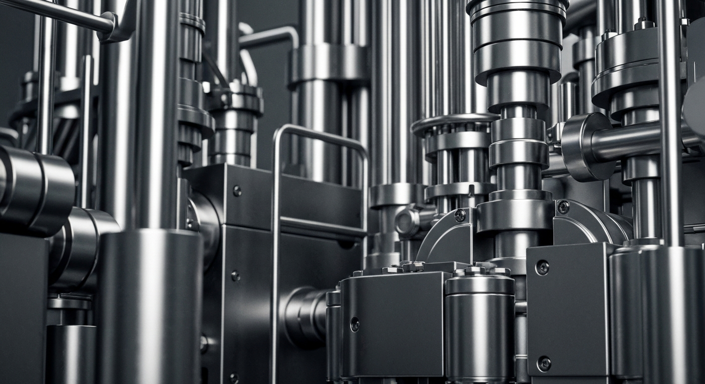 A close-up view of complex, metallic pharmaceutical manufacturing equipment, conveying a sense of precision, security, and institutional power in the biotech industry.