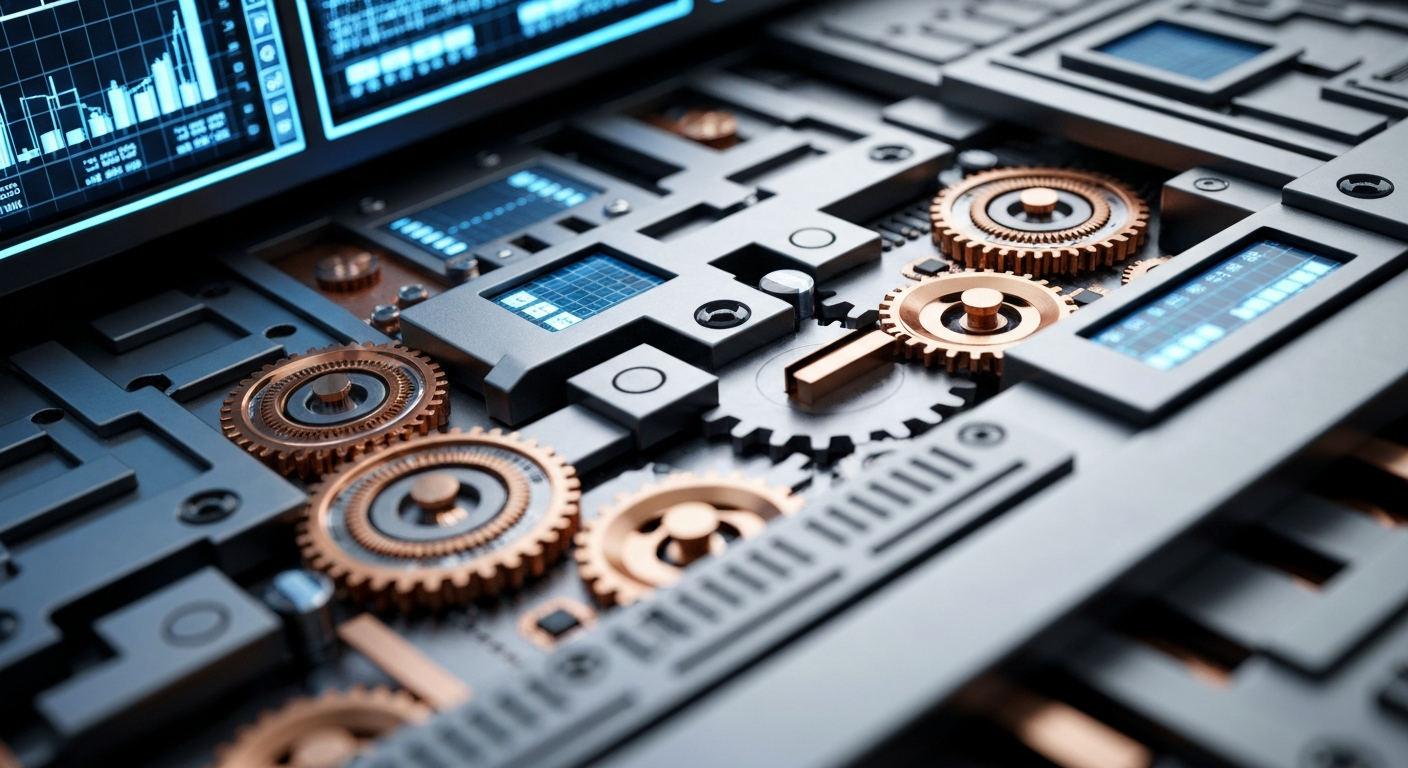 A highly detailed, macro-level view of complex financial machinery and equipment, conveying the secure and powerful nature of institutional finance without using any text or identifiable logos.