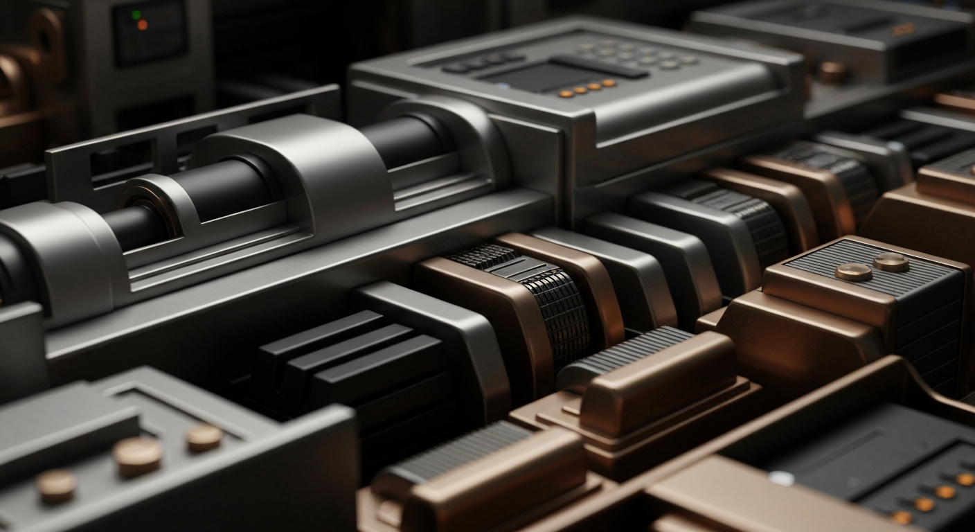 An extreme close-up of heavy, industrial banking equipment and machinery in shades of steel grey, bronze, and black, conveying the secure, powerful infrastructure of global finance.