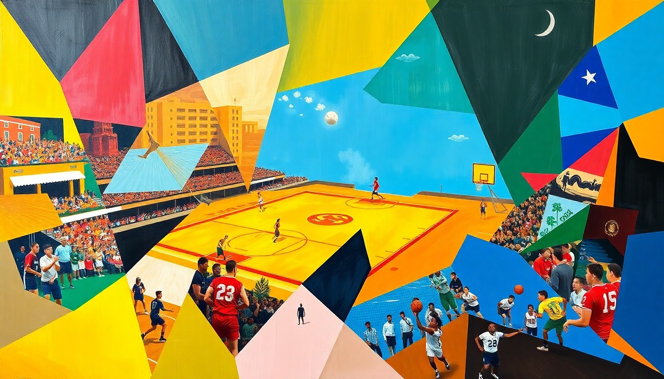 A fragmented, geometric painting depicting various sports scenes and movements, with bright colors and overlapping shapes that capture the energy and competitiveness of the events.