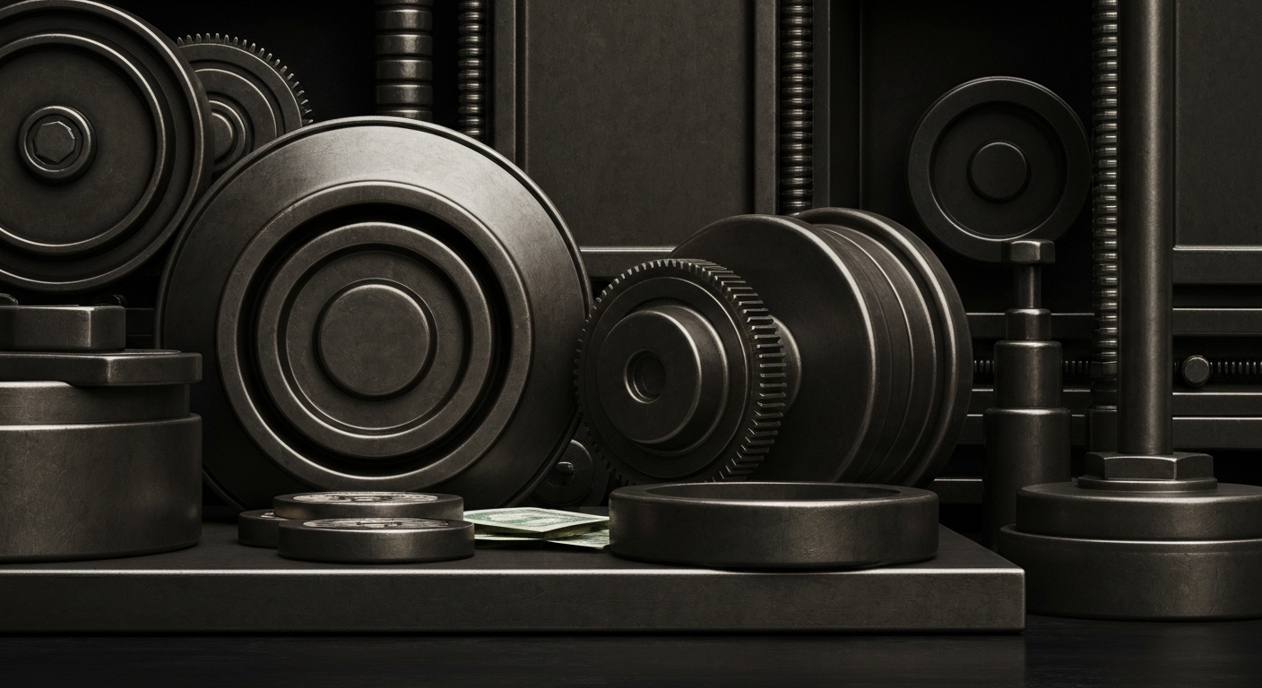 A highly detailed, black-and-white close-up image of the complex machinery and components that make up semiconductor fabrication equipment, conveying the industrial and technological nature of the semiconductor industry.