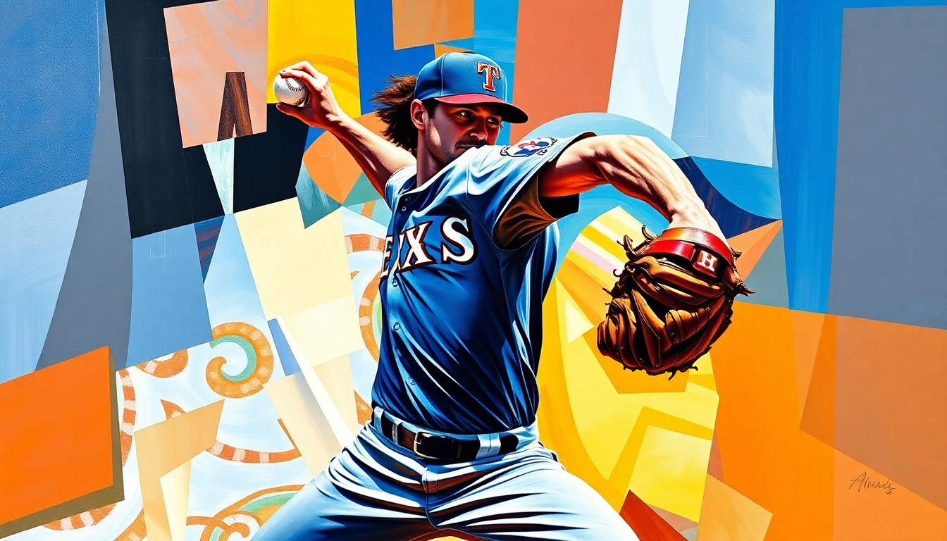 A fractured, multi-perspective painting in vibrant colors depicting the dynamic motion of a baseball pitcher's windup and delivery, representing the strategic signing of Jalen Beeks by the Texas Rangers.