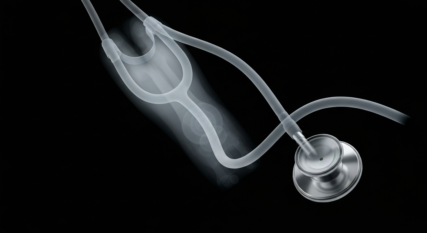 A ghostly, translucent X-ray image of a stethoscope, its internal components glowing against a dark background, conveying the advancements in medical technology that are driving growth in California's health care industry.