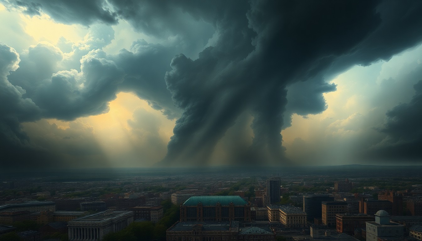 A dramatic landscape painting depicting a massive thunderstorm sweeping across a cityscape, with the powerful natural forces dwarfing the urban structures below.