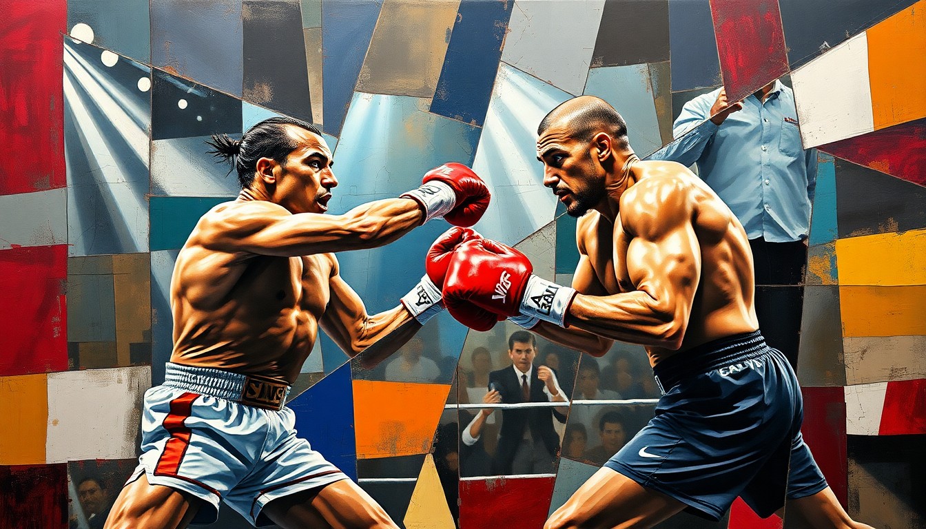 A cubist-style painting depicting the dynamic movements and collision of two boxers, their forms fractured and abstracted into sharp, overlapping geometric shapes and planes, capturing the raw energy and intensity of a high-stakes boxing match.