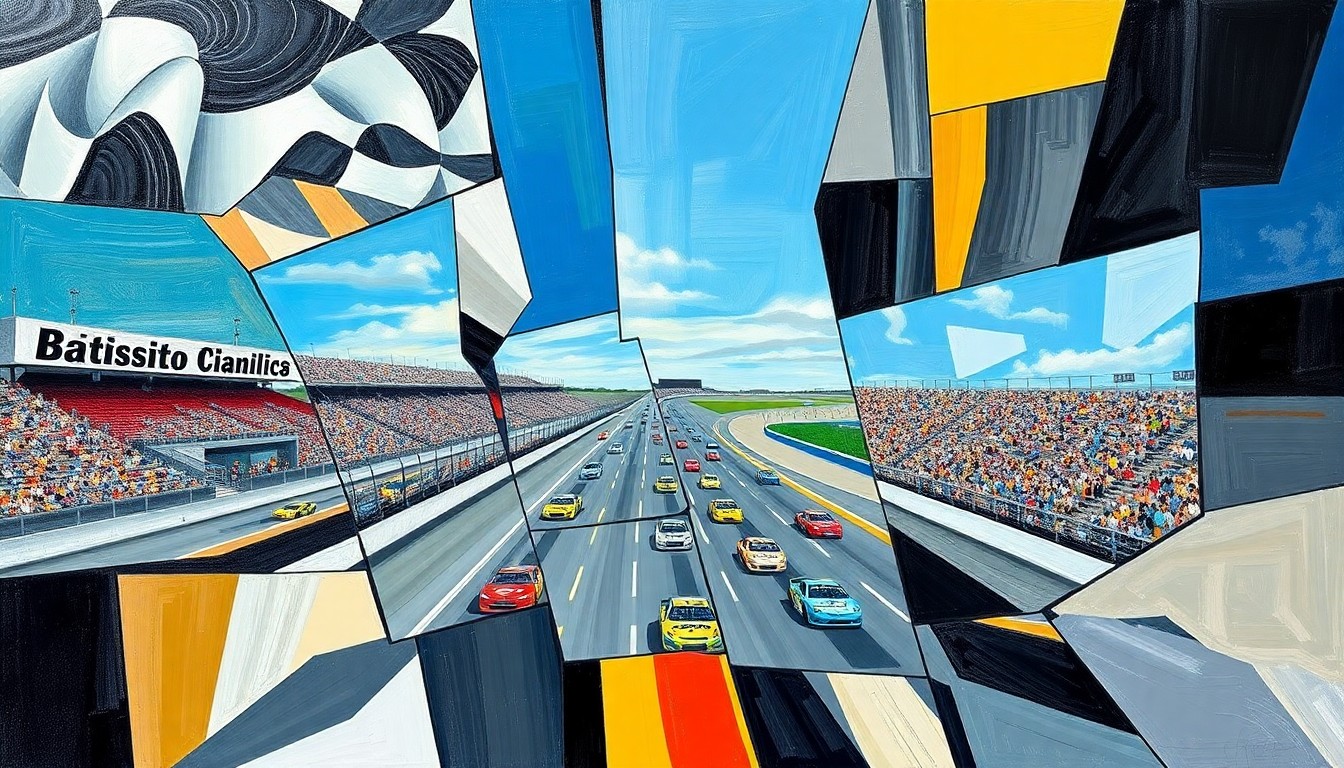 A cubist, geometric painting depicting a NASCAR race at Bristol Motor Speedway, with the cars and track broken down into sharp, overlapping planes of color and shape.