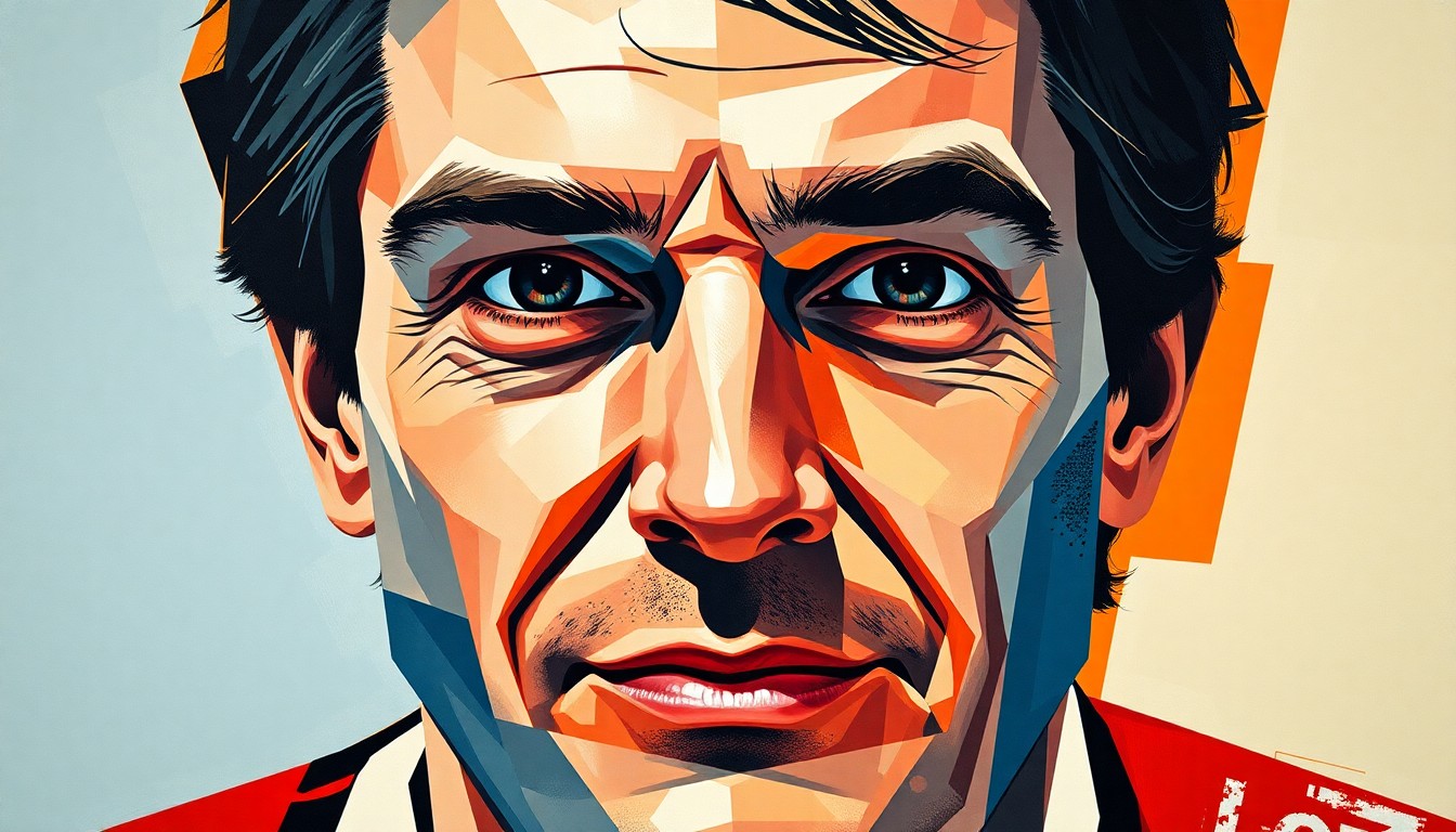 A fragmented, geometric painting in the style of Pablo Picasso, depicting the iconic image of hockey player Bobby Orr in an abstract, deconstructed manner, with sharp planes of color and form.