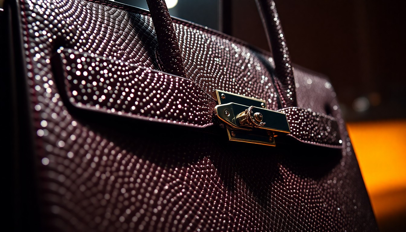 An extreme abstract close-up photograph of the textured leather and hardware of a luxury Hermès Birkin handbag, shot in dramatic high-contrast studio lighting to capture the opulent, glamorous nature of the item.