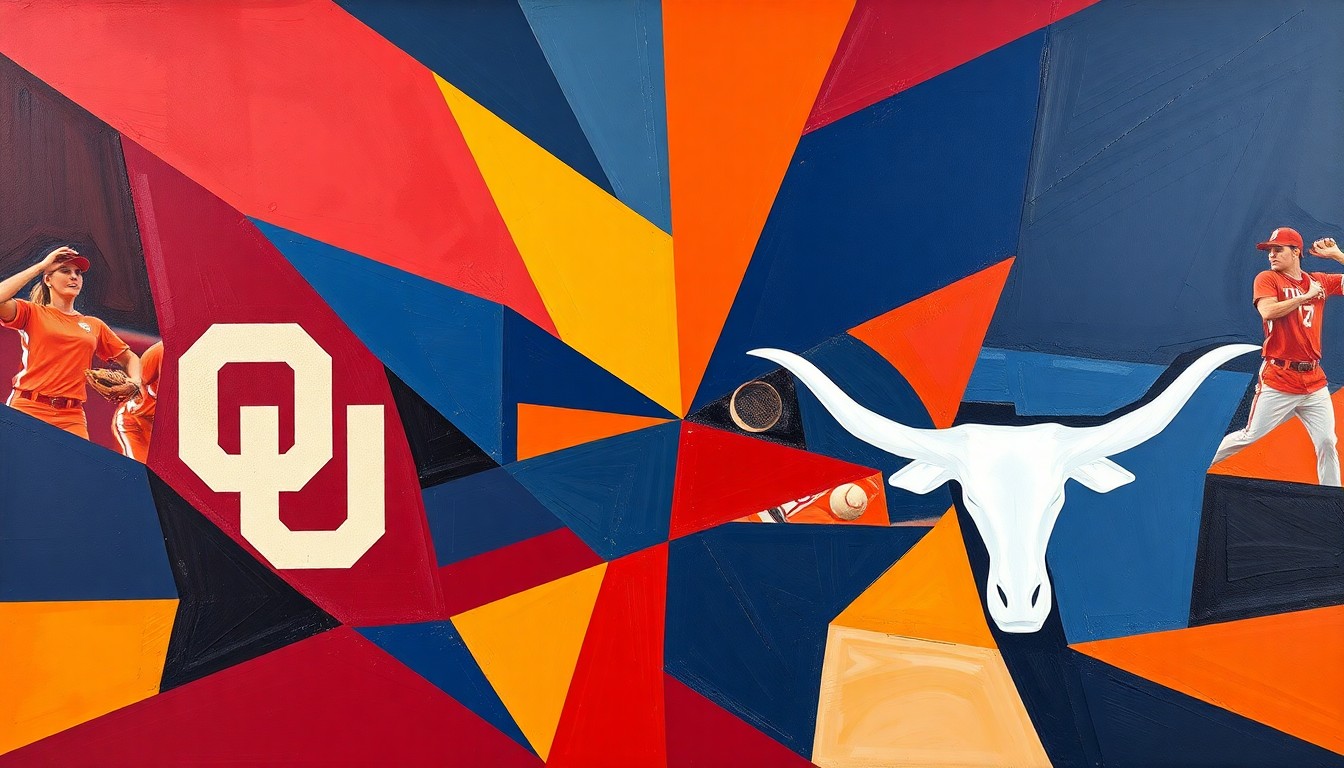 A fractured, multi-perspective painting in the style of Pablo Picasso, breaking a softball game between two teams down into sharp, overlapping geometric planes in a vibrant color palette.