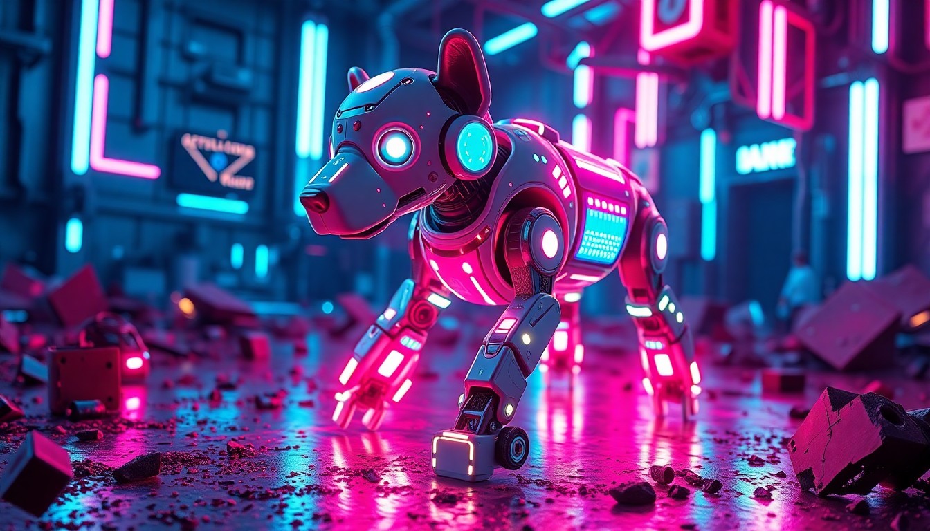 A highly detailed, glowing 3D macro illustration of a robot dog with illuminated sensors and limbs, navigating through a simulated disaster zone filled with neon cyan and magenta lights, conceptually representing the advanced rescue technology developed at Carnegie Mellon University.