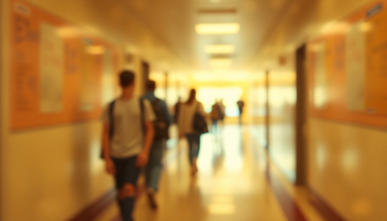 An abstract, impressionistic photograph showing the blurred silhouettes of students walking through a school hallway, with soft, warm pools of color and light creating a dreamlike, out-of-focus atmosphere that conceptually represents the tension between a city's desire for spectacle and its duty to provide consistent, quality education.