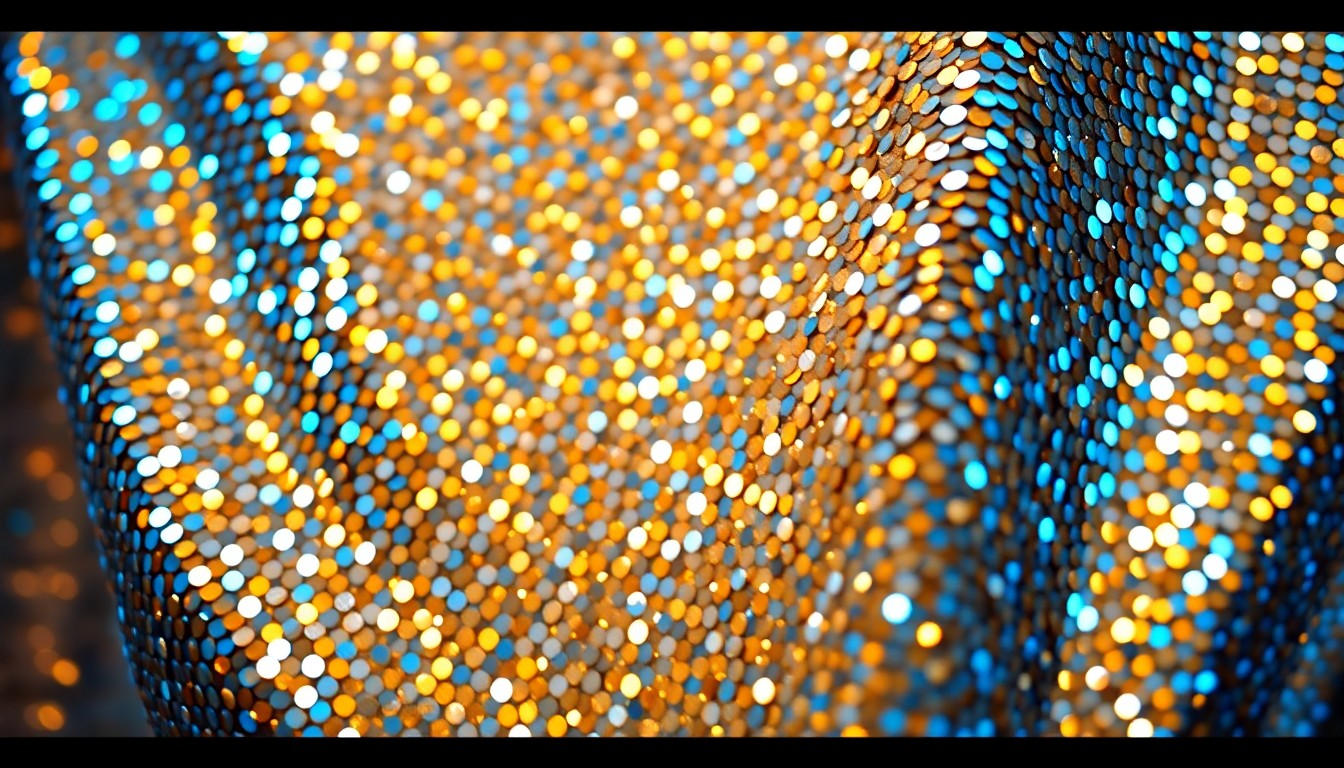 An abstract, high-contrast close-up photograph of shimmering sequins in metallic gold, silver, and blue hues, capturing the glamour and excitement of a music festival performance.