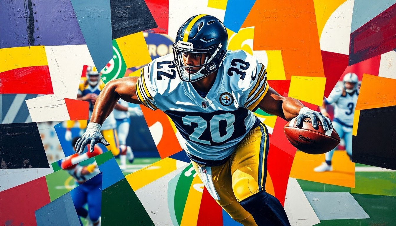 A fragmented, geometric painting depicting the dynamic movements and coverage of a football cornerback, with sharp planes of color representing the intensity of the game.