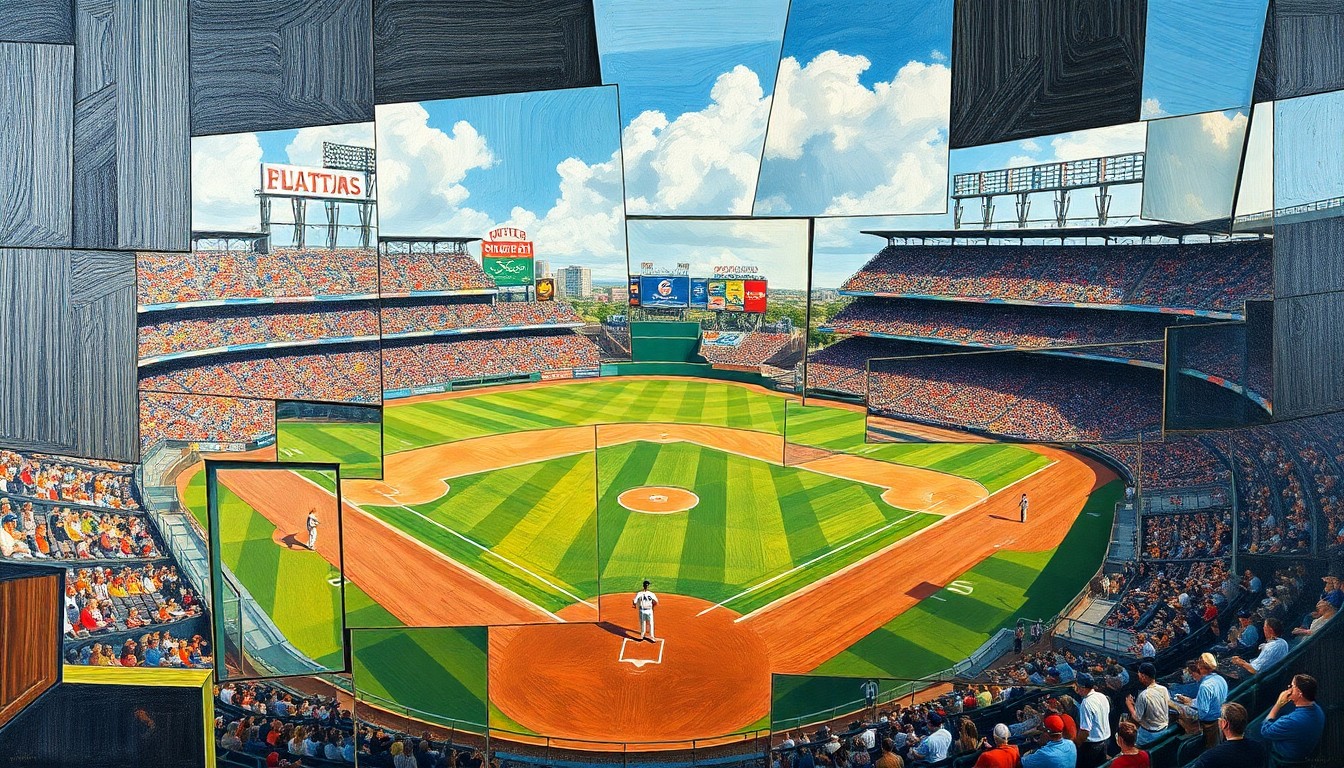 A cubist painting depicting a baseball game or match, with the players and field broken down into sharp, overlapping geometric shapes and planes, conveying the dynamic and multi-faceted nature of the Yankees' decision to invite Randal Grichuk to spring training.